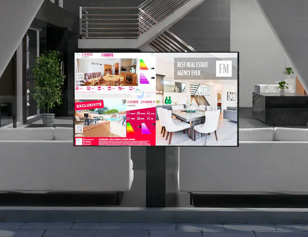 Image avec capture de l'application web DISIGN solution de gestion d'écrans et d'affichages dynamiques pour agences immobilières